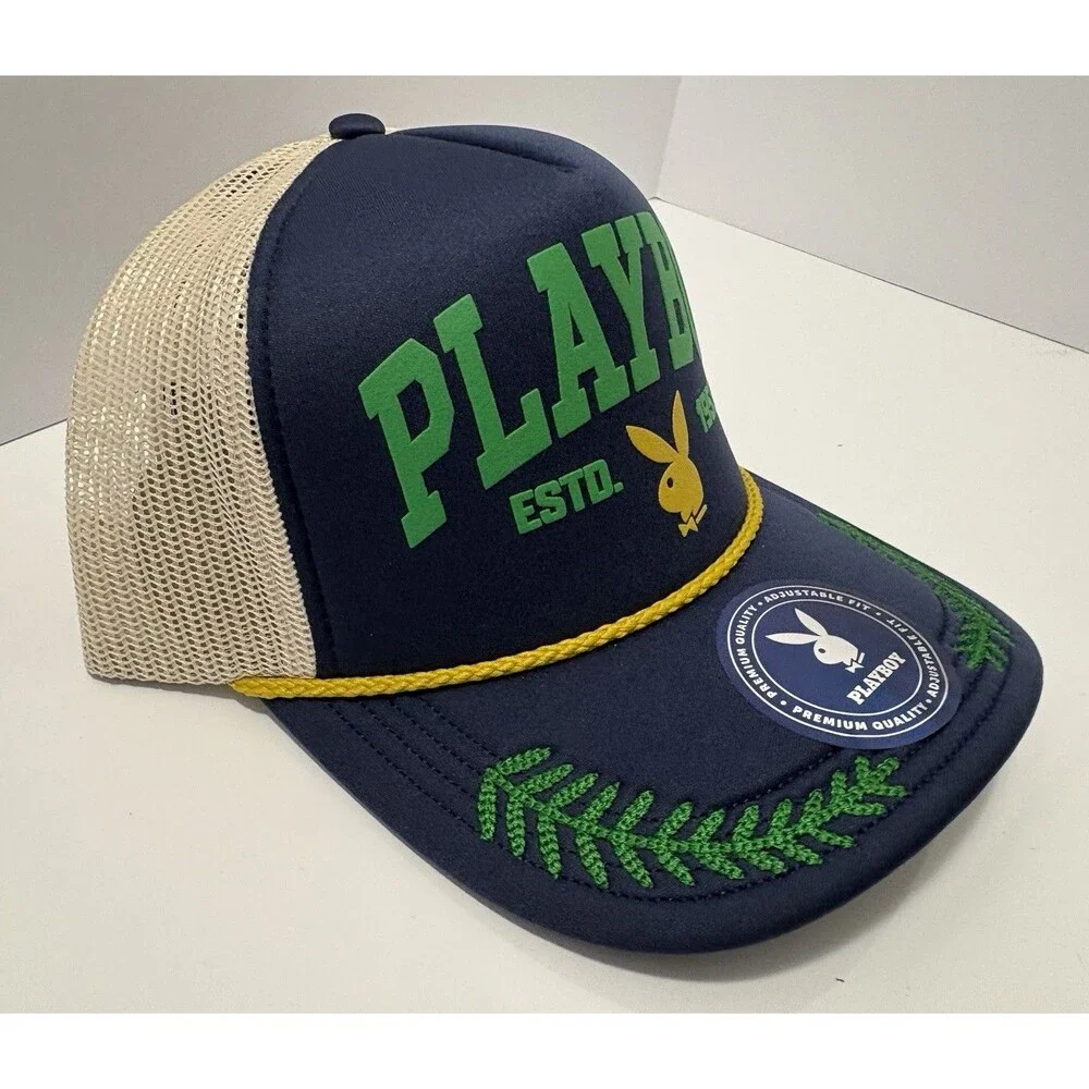 Playboy Foam Trucker Snapback Hat Blue Green Tan Embroidery Bunny Logo Cap